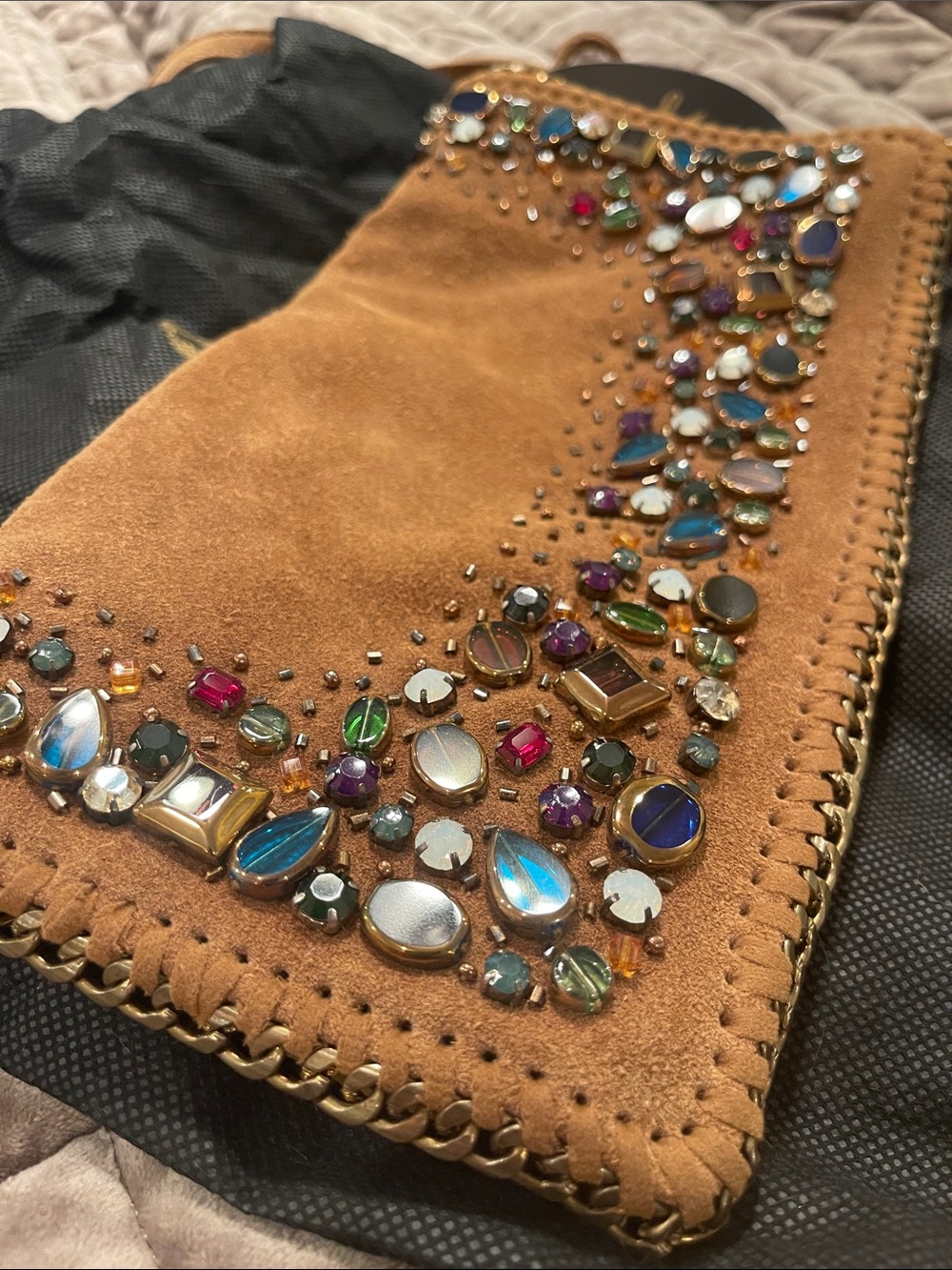 Anthropologie Mary Frances Tan Suede Crossbody with Jeweled Embellishments - Picture 6 of 8